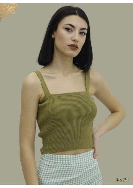 Haki Askılı Triko Büstiyer - Cropped & Slim Fit, Nefes Alabilir Dokulu Kumaş