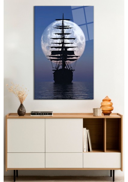 Ay Gece Deniz Yelkenli ve Doğa Manzarası Cam Tablo, Darbelere Dayanıklı Kırılmaz Cam, Hediyelik