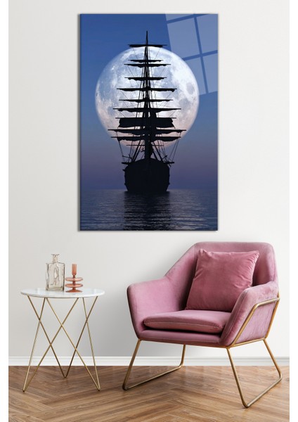 Ay Gece Deniz Yelkenli ve Doğa Manzarası Cam Tablo, Darbelere Dayanıklı Kırılmaz Cam, Hediyelik fiyatları