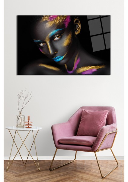 Renkli Makyajlı Kadın Portresi Cam Tablo, Darbelere Dayanıklı Kırılmaz Cam, Hediyelik fiyatları