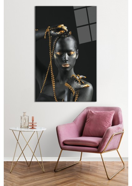 Altın Detaylı Gri Kadın Portresi Cam Tablo, Darbelere Dayanıklı Kırılmaz Cam, Hediyelik fiyatları