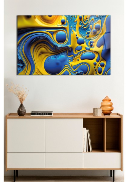 Sarı Mavi Sıvı Boya Karışımı Cam Tablo, Darbelere Dayanıklı Kırılmaz Cam, Hediyelik
