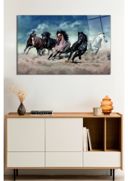 Tozlu Koşan Atlar Vahşi Doğa Manzarası Cam Tablo, Darbelere Dayanıklı Kırılmaz Cam, Hediyelik