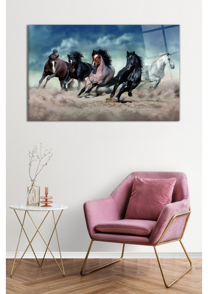 Tozlu Koşan Atlar Vahşi Doğa Manzarası Cam Tablo, Darbelere Dayanıklı Kırılmaz Cam, Hediyelik fiyatları