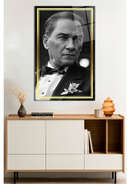 Siyah Beyaz Yapay Zeka Atatürk Portresi Cam Tablo, Darbelere Dayanıklı Kırılmaz Cam, Hediyelik