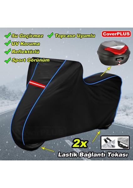 Yuki Legend 50 Pro Arka Çanta Uyumlu Branda Siyah Mavi-Dikişli Reflektörlü Motosiket Brandası Motor Örtüsü Çadır Su Geçirmez Motosiklet Kılıfı Motor Brandası modelleri