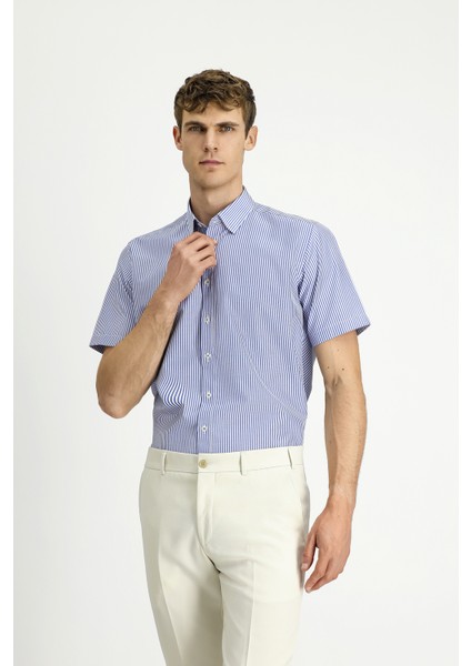 Kısa Kol Regular Fit Çizgili Pamuklu Kolay Ütülenebilir Gömlek