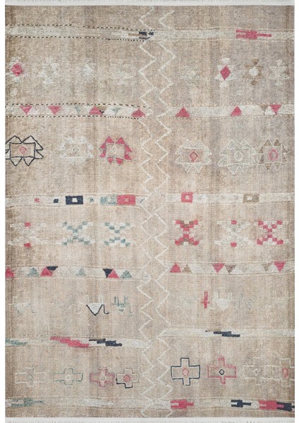 Thane Bej Modern Etnik Desenli Pamuk Makinada Yıkanabilir Hav Toz Vermez Leke Tutmayan Kaymaz Taban Dijital Makine Baskı Salon Yolluk Mutfak Halı