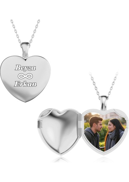 Isimli Fotoğraflı Açılabilir Kalp Beyaz Gümüş Kolye