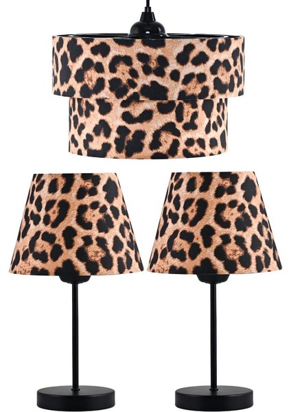 Leopar Desenli Pasta Avize ve Siyah Metal Ayaklı Abajur Seti Yatak Odası Sarkıt