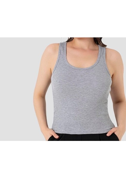 Kadın Pamuklu Fitilli Görünümlü Kare Yaka Kalın Askılı Basic Gri Atlet