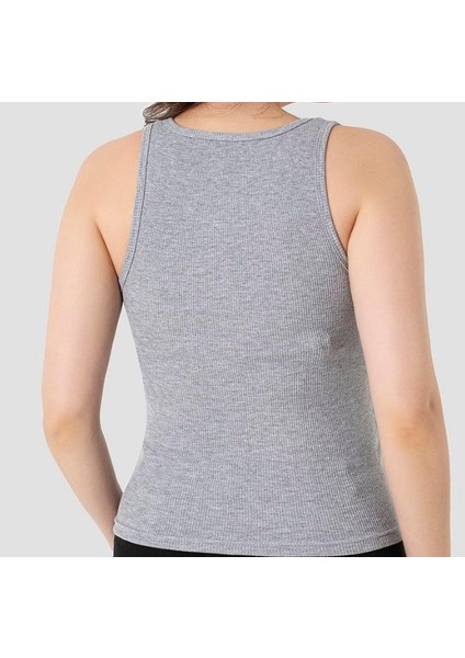 Kadın Pamuklu Fitilli Görünümlü Kare Yaka Kalın Askılı Basic Gri Atlet fiyatları