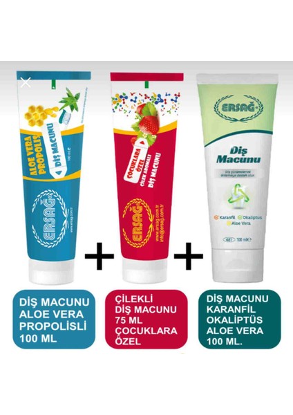 Diş Macunu 100 ml + diş Macunu Karanfil, Okaliptüs ve Aloe Vera + Çilekli Diş Macunu