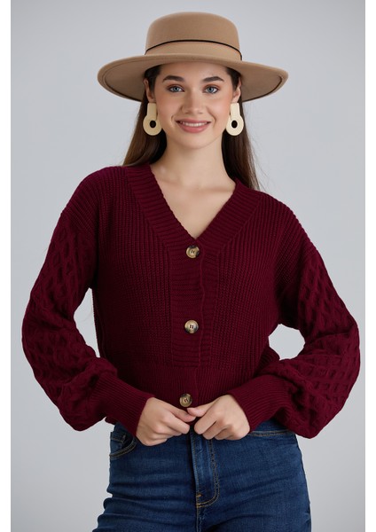 Kadın Balon Kol Örgü Desenli Crop Triko Hırka