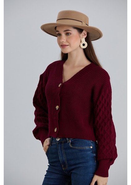 Kadın Balon Kol Örgü Desenli Crop Triko Hırka fiyatları