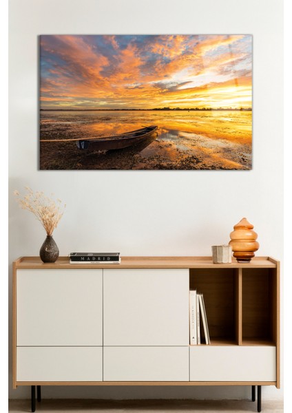 Güneş Kayık ve Bulutların Manzarası Cam Tablo, Darbelere Dayanıklı Kırılmaz Cam, Hediyelik