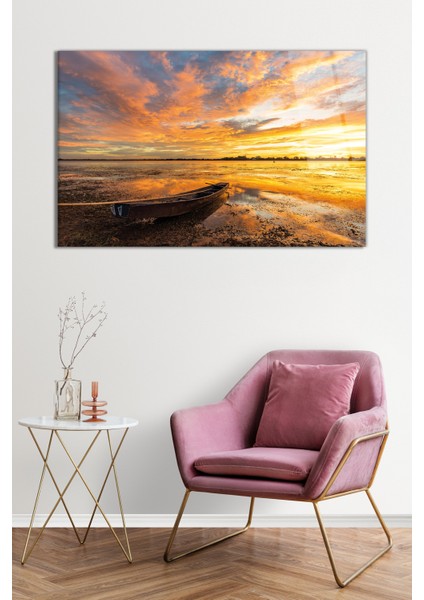 Güneş Kayık ve Bulutların Manzarası Cam Tablo, Darbelere Dayanıklı Kırılmaz Cam, Hediyelik fiyatları