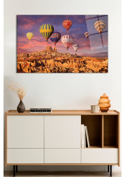 Kapadokya Uçan Sıcak Hava Balonları Doğa Manzarası Cam Tablo, Temperli Kırılmaz Cam, Hediyelik