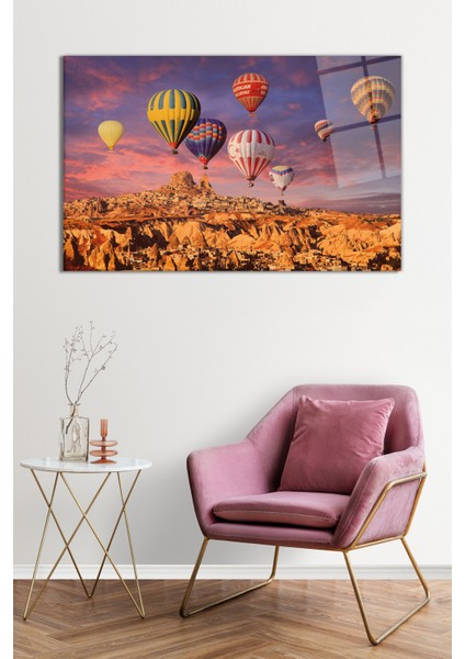 Kapadokya Uçan Sıcak Hava Balonları Doğa Manzarası Cam Tablo, Temperli Kırılmaz Cam, Hediyelik fiyatları