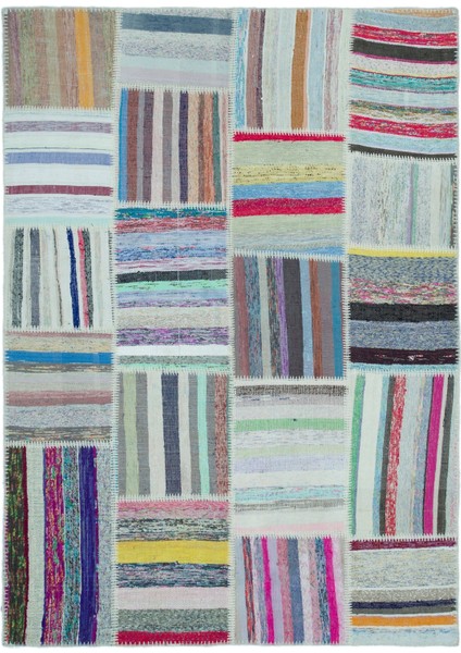 Teselya Mavi Patchwork Yün Modern Desenli Yün Hav Toz Vermez Leke Tutmayan Salon Yolluk Mutfak El Dokuma Halı