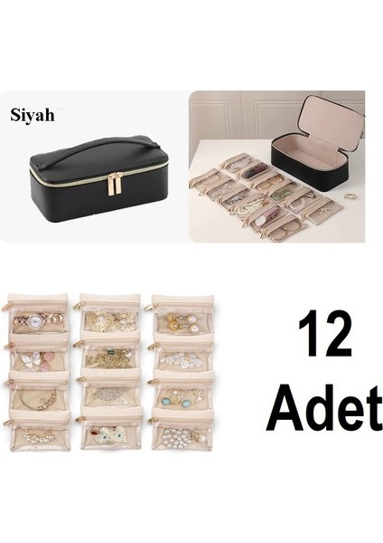Gmn-6 Takı Altın Kutusu - Mücevher Kutusu Taşınabilir Fermuarlı Kapalı Takı Kutusu + 12 Adet Kese Hediye fırsatları
