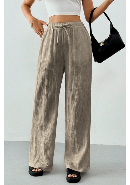 Kadın %100 Cotton Müslin Ultra Hafif Palazzo Model Geniş Paça Keten Karışım Pantolon