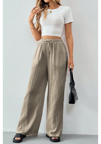 Kadın %100 Cotton Müslin Ultra Hafif Palazzo Model Geniş Paça Keten Karışım Pantolon fırsatları