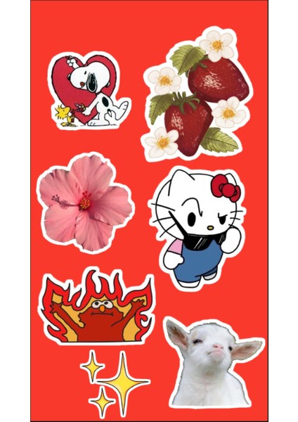 Kırmızı Temalı Eğlenceli Sticker Seti – Karakter, Çiçek, Meyve ve Hayvan (7’li Set)
