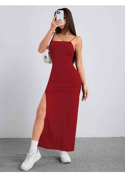 Kadın Ip Askılı Yandan Yırtmaçlı Janjan Krep Elbise