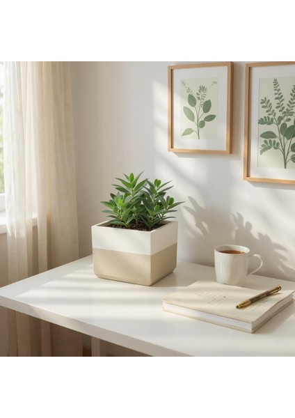 Dekoratif Beton Saksı Kare Modern Bej Beyaz Tema 15X15 cm