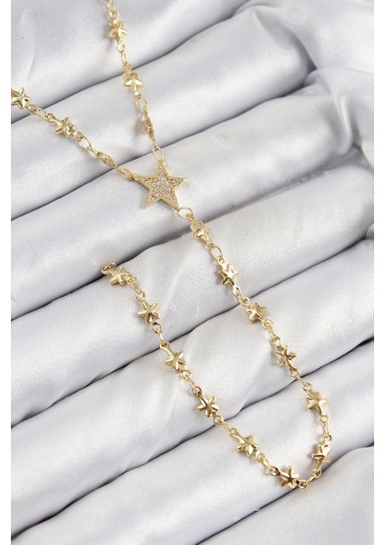 Pirinç Zirkon Taşlı Yıldız Model Gold Renk Y Kolye