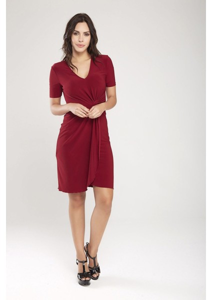 Bordo V Yaka Belde Burgu Detaylı Kruvaze Etek Elbise 24L7539 fiyatları