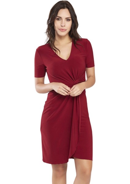 Bordo V Yaka Belde Burgu Detaylı Kruvaze Etek Elbise 24L7539 modelleri