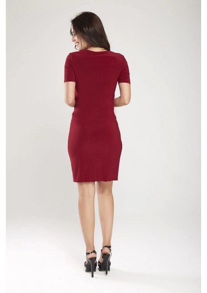 Bordo V Yaka Belde Burgu Detaylı Kruvaze Etek Elbise 24L7539 indirimleri