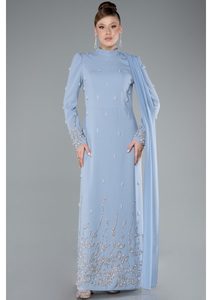 Taşlı Uzun Kol Dik Yaka Tesettür Abiye ABU4931