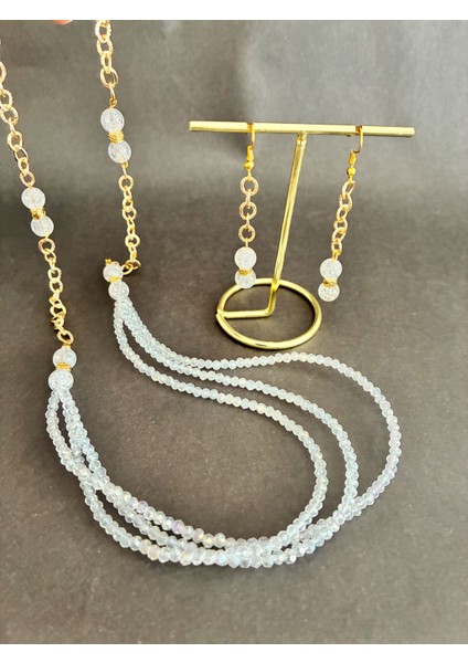 Beyaz Kristal Boncuklu Vedoğal Necef Taşlı Kolye ve Küpe Seti