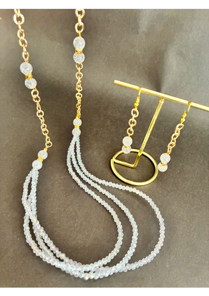 Beyaz Kristal Boncuklu Vedoğal Necef Taşlı Kolye ve Küpe Seti fiyatları