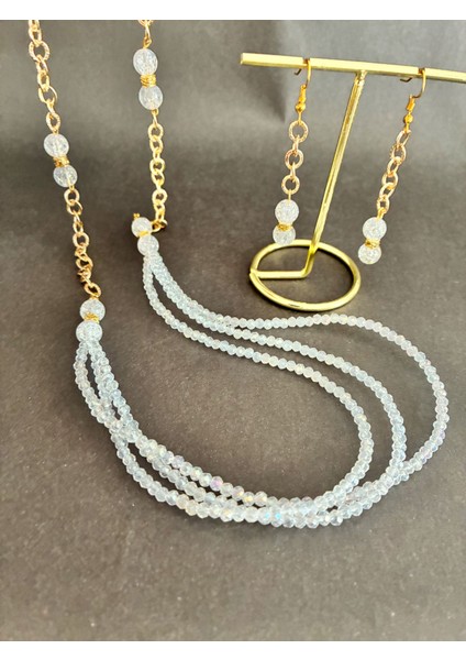Beyaz Kristal Boncuklu Vedoğal Necef Taşlı Kolye ve Küpe Seti modelleri