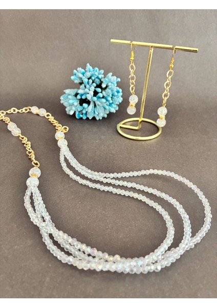 Beyaz Kristal Boncuklu Vedoğal Necef Taşlı Kolye ve Küpe Seti fırsatları