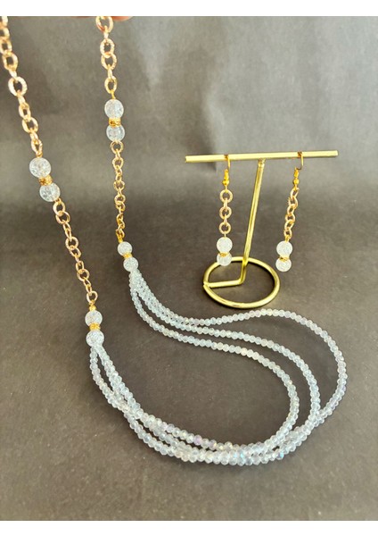 Beyaz Kristal Boncuklu Vedoğal Necef Taşlı Kolye ve Küpe Seti indirimleri