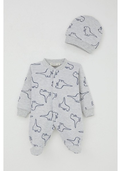 Erkek Bebek Patikli Tulum Sevimli Dinozor Desenli 0-6 Ay, Açık Gri Melanj