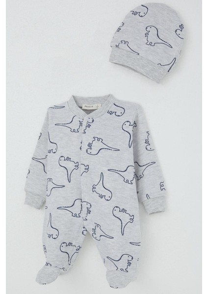 Erkek Bebek Patikli Tulum Sevimli Dinozor Desenli 0-6 Ay, Açık Gri Melanj modelleri