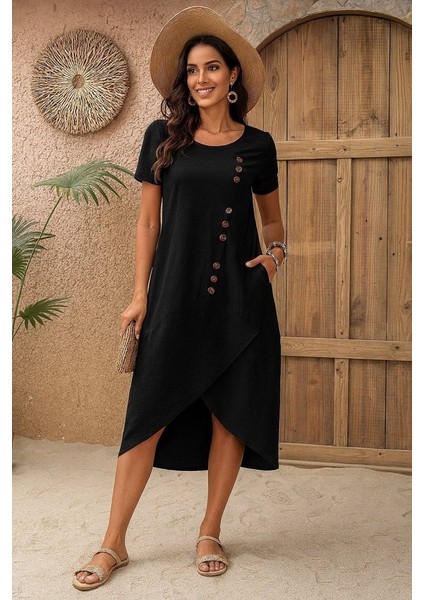 Kadın Kısa Kollu Bisiklet Yaka Düğme Detay Müslim Elbise modelleri