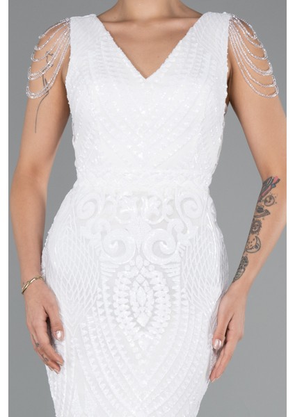 V Yaka Uzun Pullu Büyük Beden Abiye Elbise ABU3845 modelleri