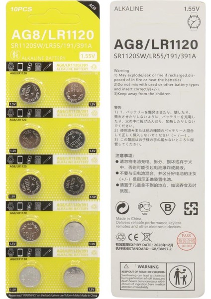 Ag8 LR1120 1.5V Alkalin Düğme Pil (10'lu Paket) modelleri