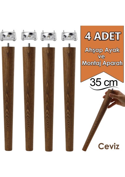 4 Adet Ahşap Ayak 35 cm Ceviz M8 Civatalı Bağlantı Aparatlı Mobilya Tabure Sehpa Masa Destek Ayağı