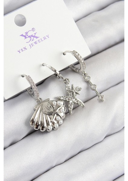 Pirinç Zirkon Taşlı 3'lü Yıldız ve Istiridye Model Gümüş Renk Kadın Küpe