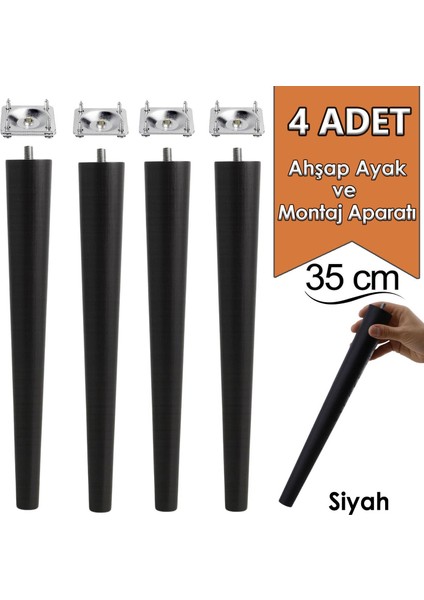 4 Adet Ahşap Ayak 35 cm Siyah M8 Civatalı Bağlantı Aparatlı Mobilya Tabure Sehpa Masa Destek Ayağı
