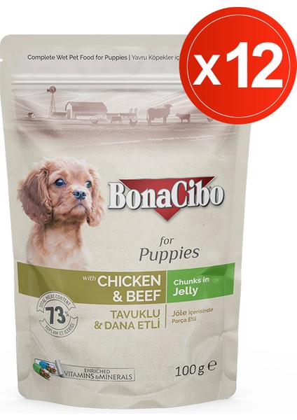 Jöleli Tavuklu Dana Etli Yaş Yavru Köpek Maması, 100 gr x 12 Adet, Tüm Irklar Için, Şekersiz
