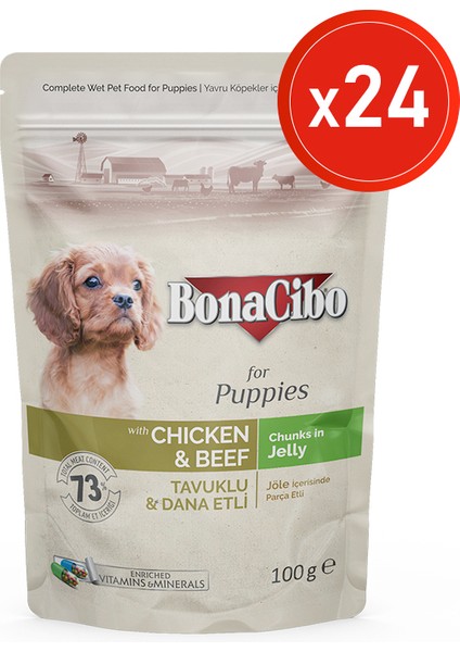 Jöleli Tavuklu Dana Etli Yaş Yavru Köpek Maması, 100 gr x 24 Adet, Tüm Irklar Için, Şekersiz